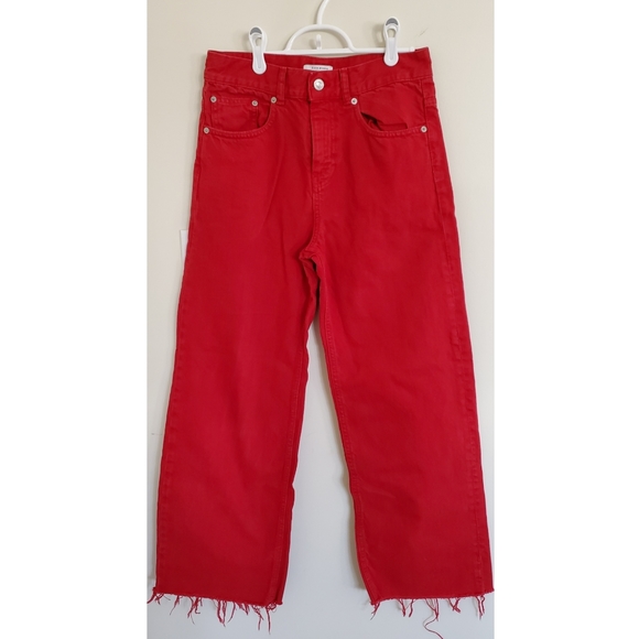 Zara Denim - Zara Red Denim Wide Leg Crop Raw Hem